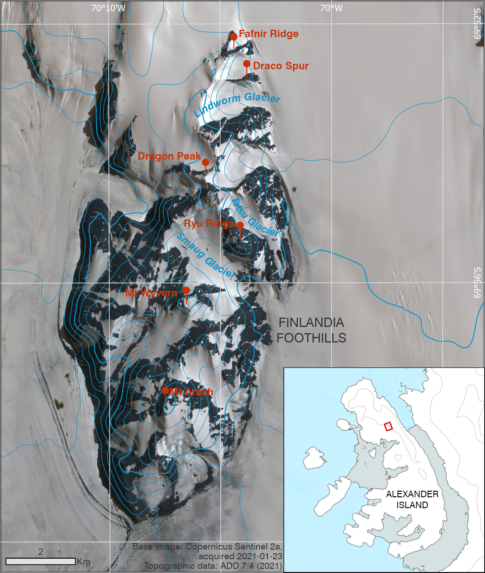 Map showing the dragon name theme in Alexander Island, Antartica