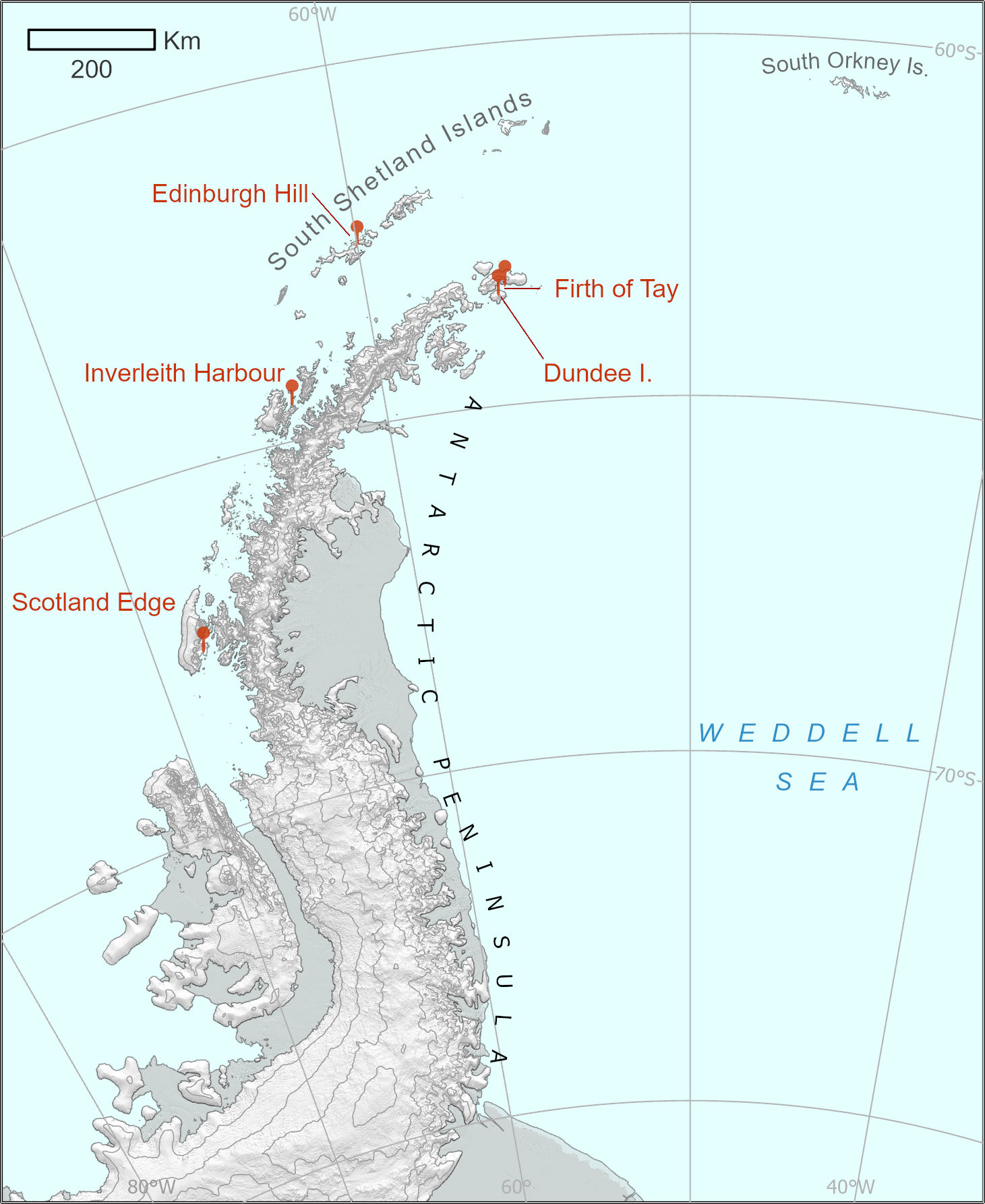 Map showing names associated with  Scotland in Antarctica