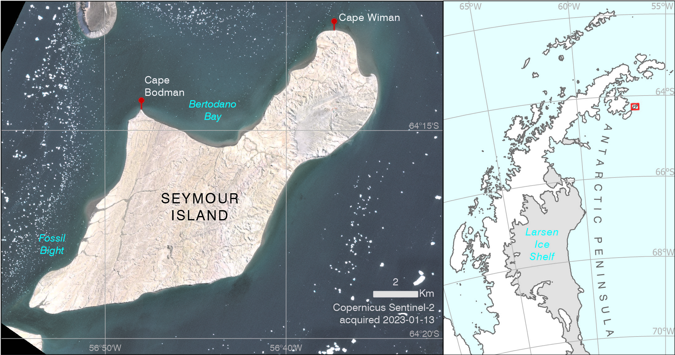 Map showing names across Seymour Island