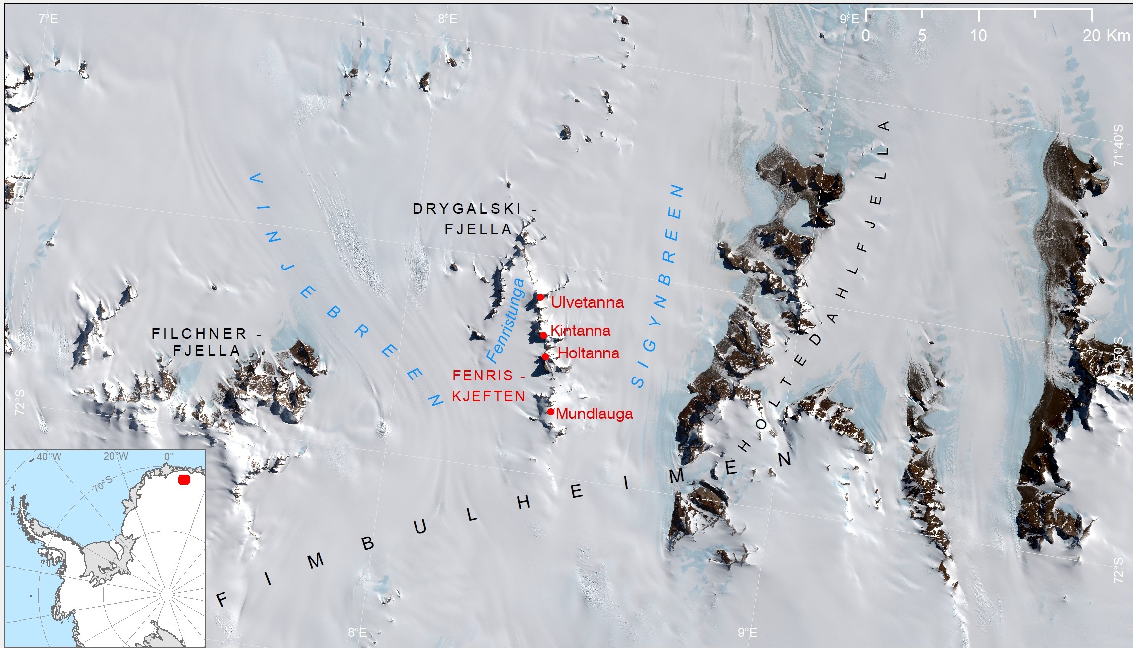 Place-names around the Fenriskjeften region of the Drygalski Mountains