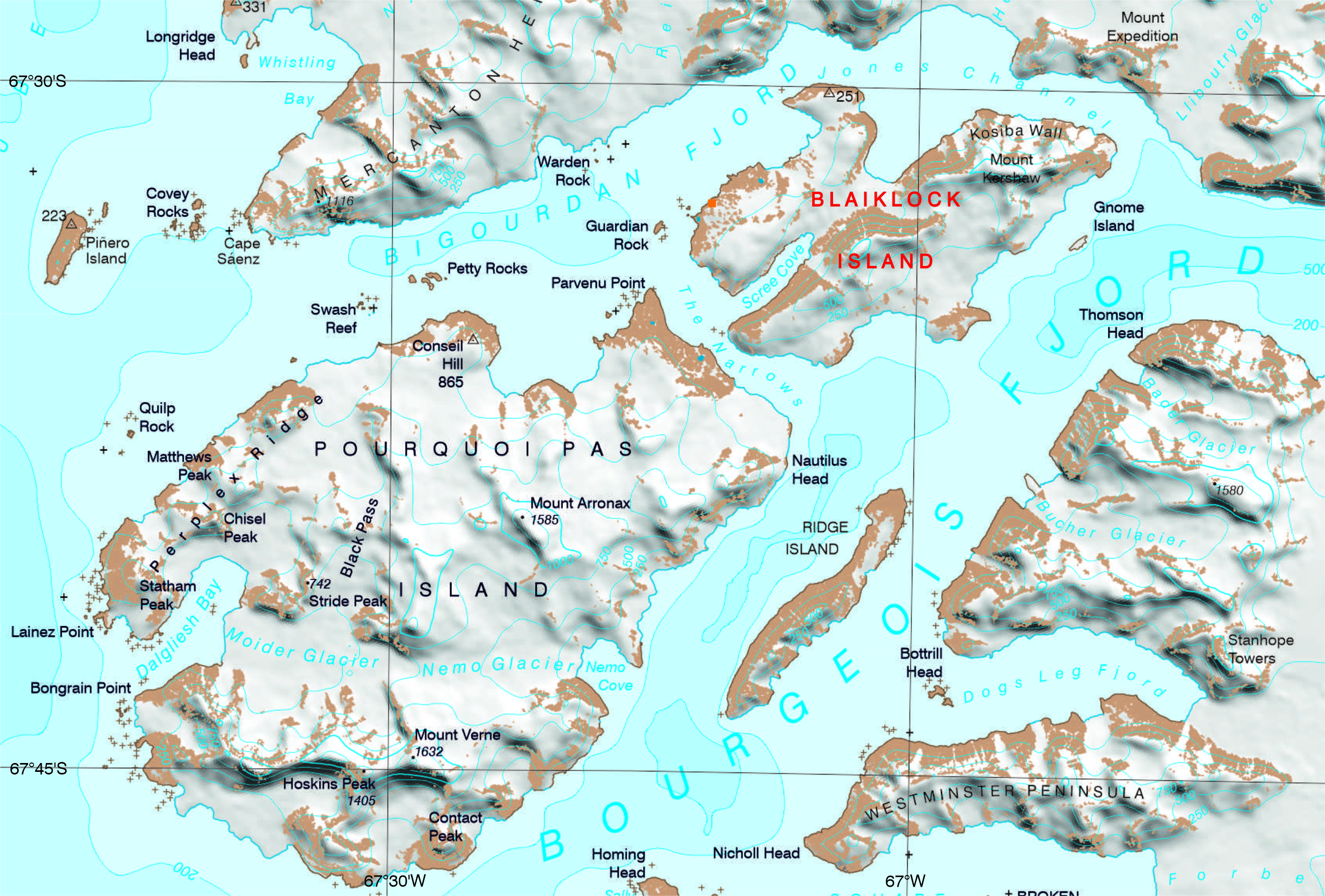 Extract from BAS 1:250,000 scale map, Adelaide Island and Arrowsmith Peninsula.