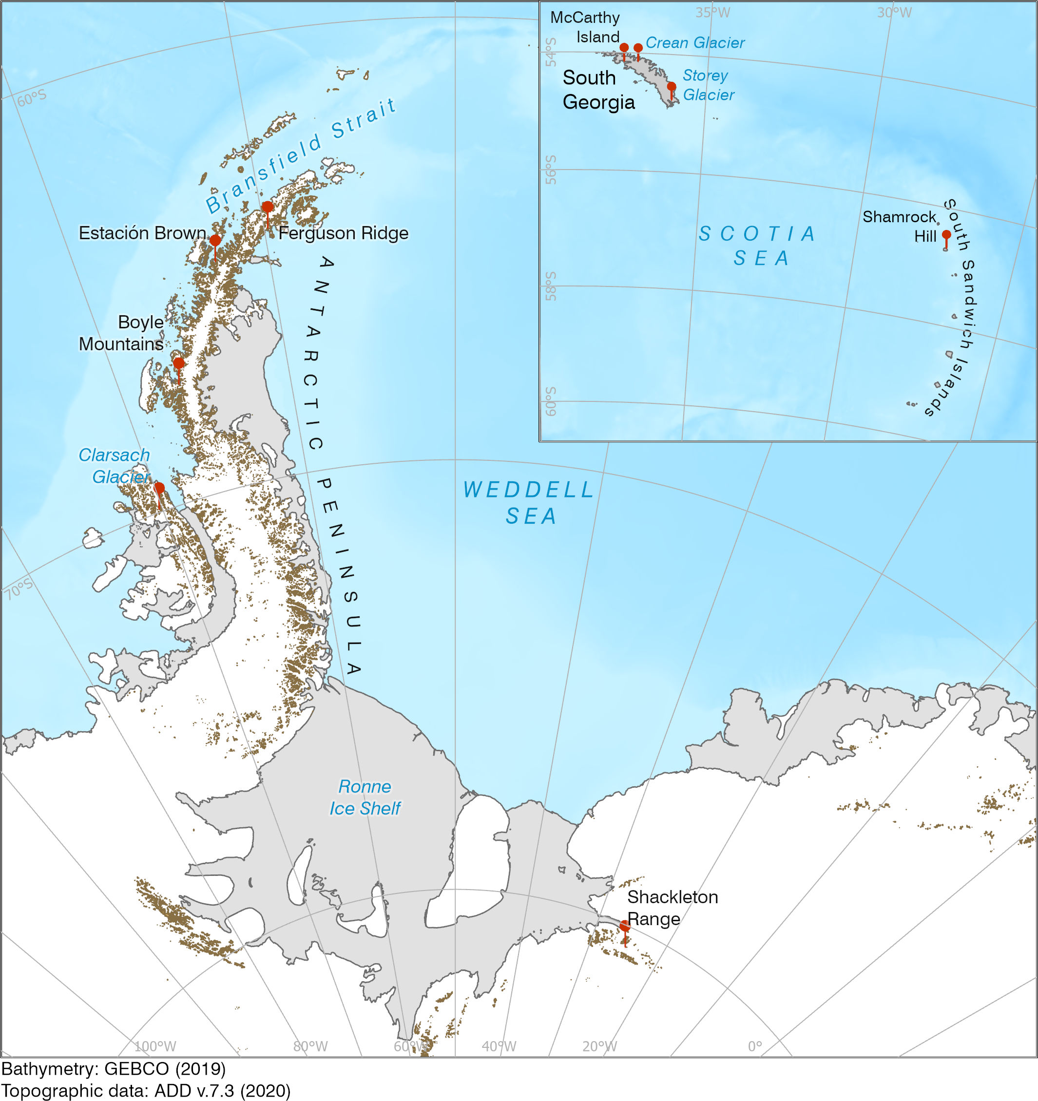 Map showing Antarctic place names from Ireland.