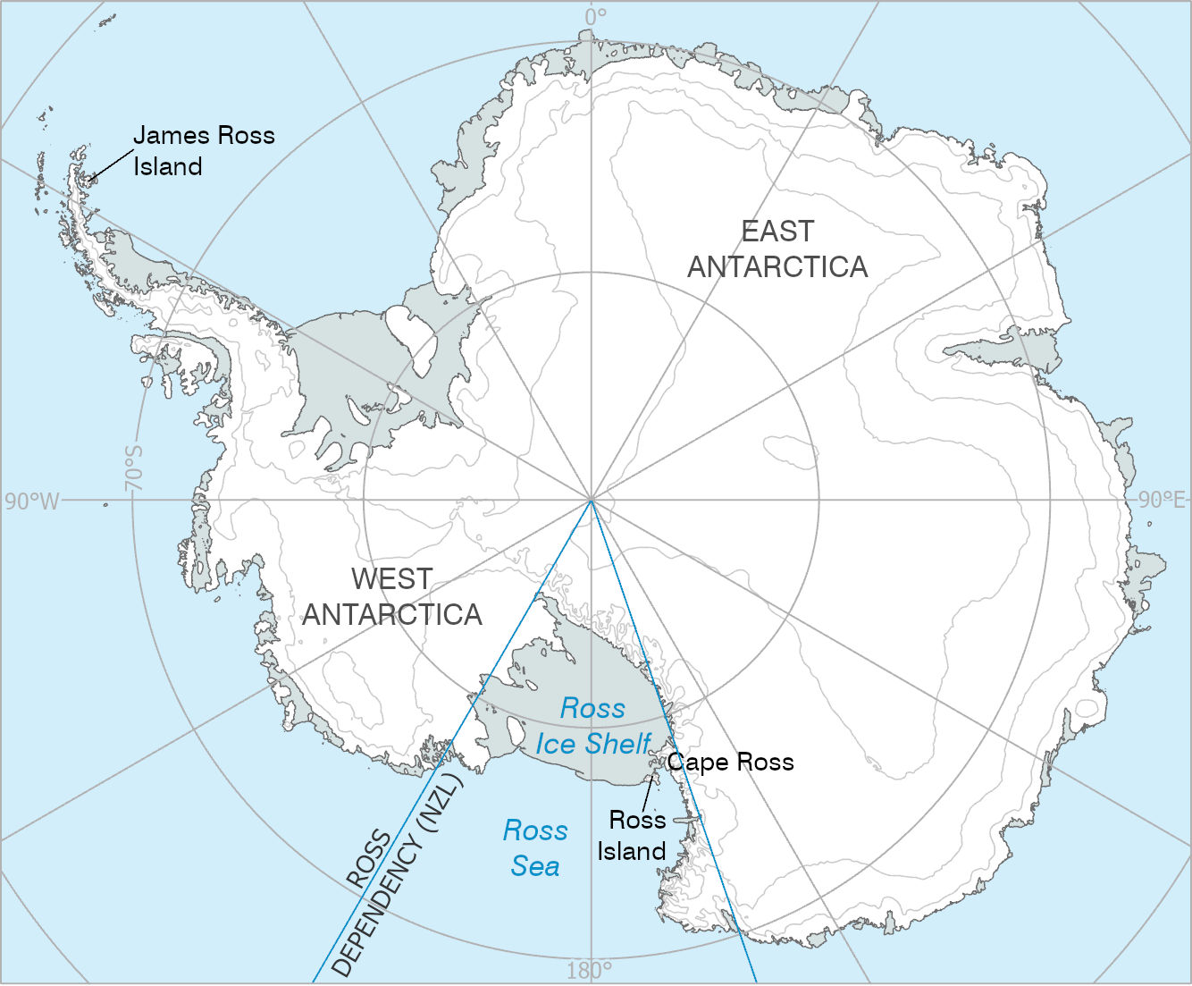 Map showing Antarctic place names honouring James Clark Ross