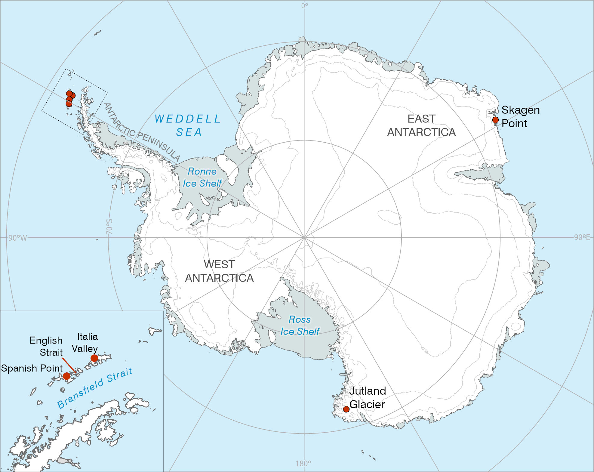 Map showing Antarctic place names related to Euro 2020 competitors