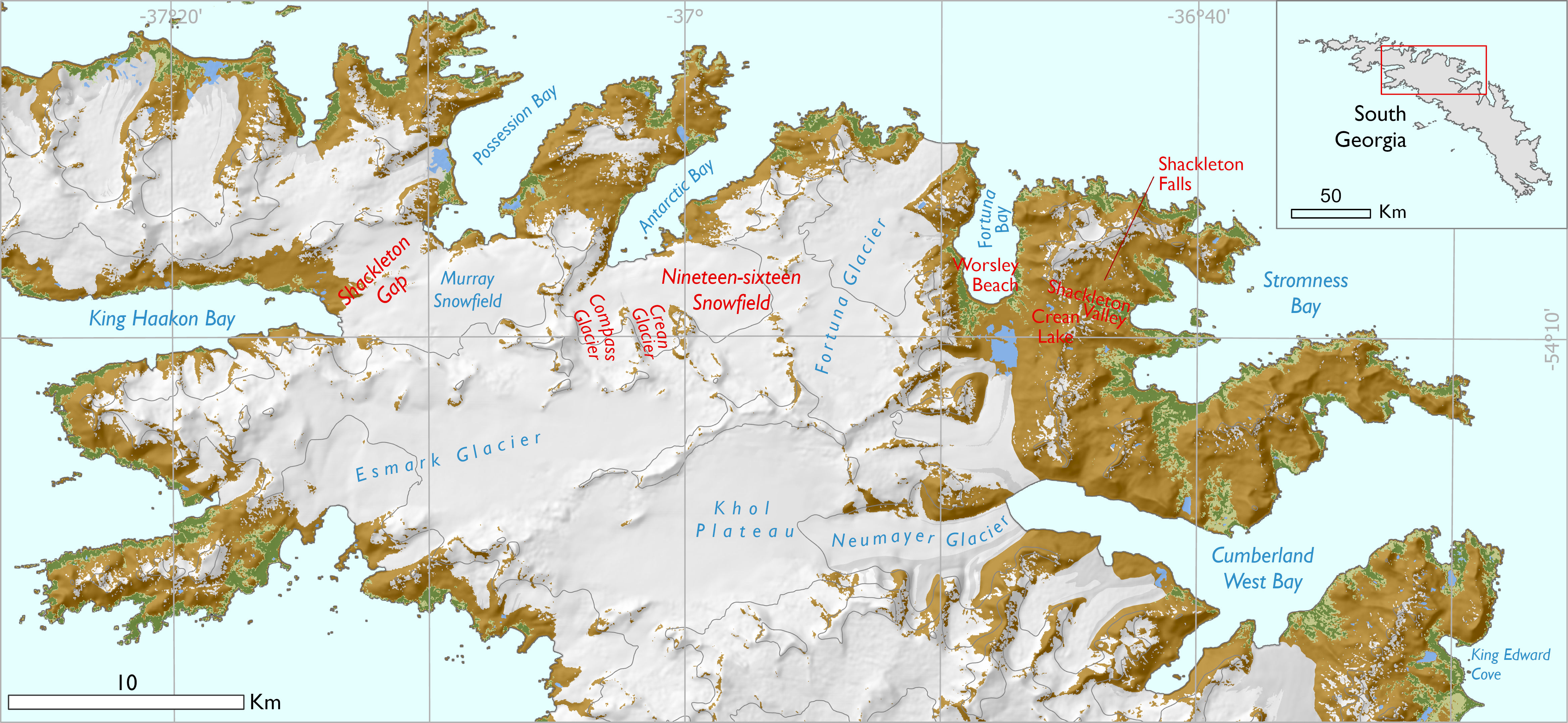 Map showing place names related to Shackleton across South Georgia