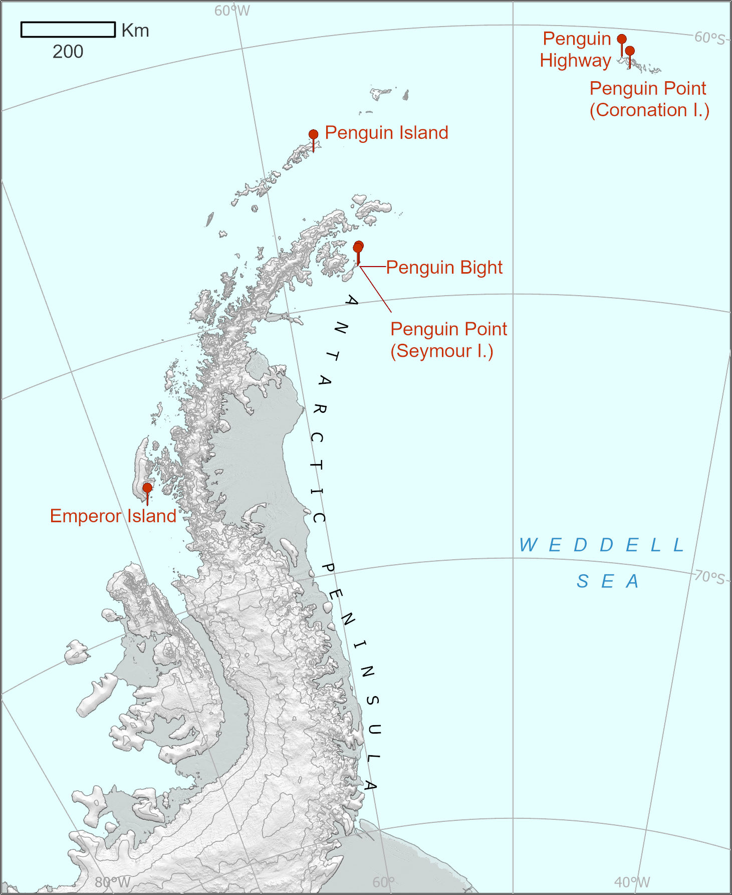 Map showing place names related to penguins across the Territory