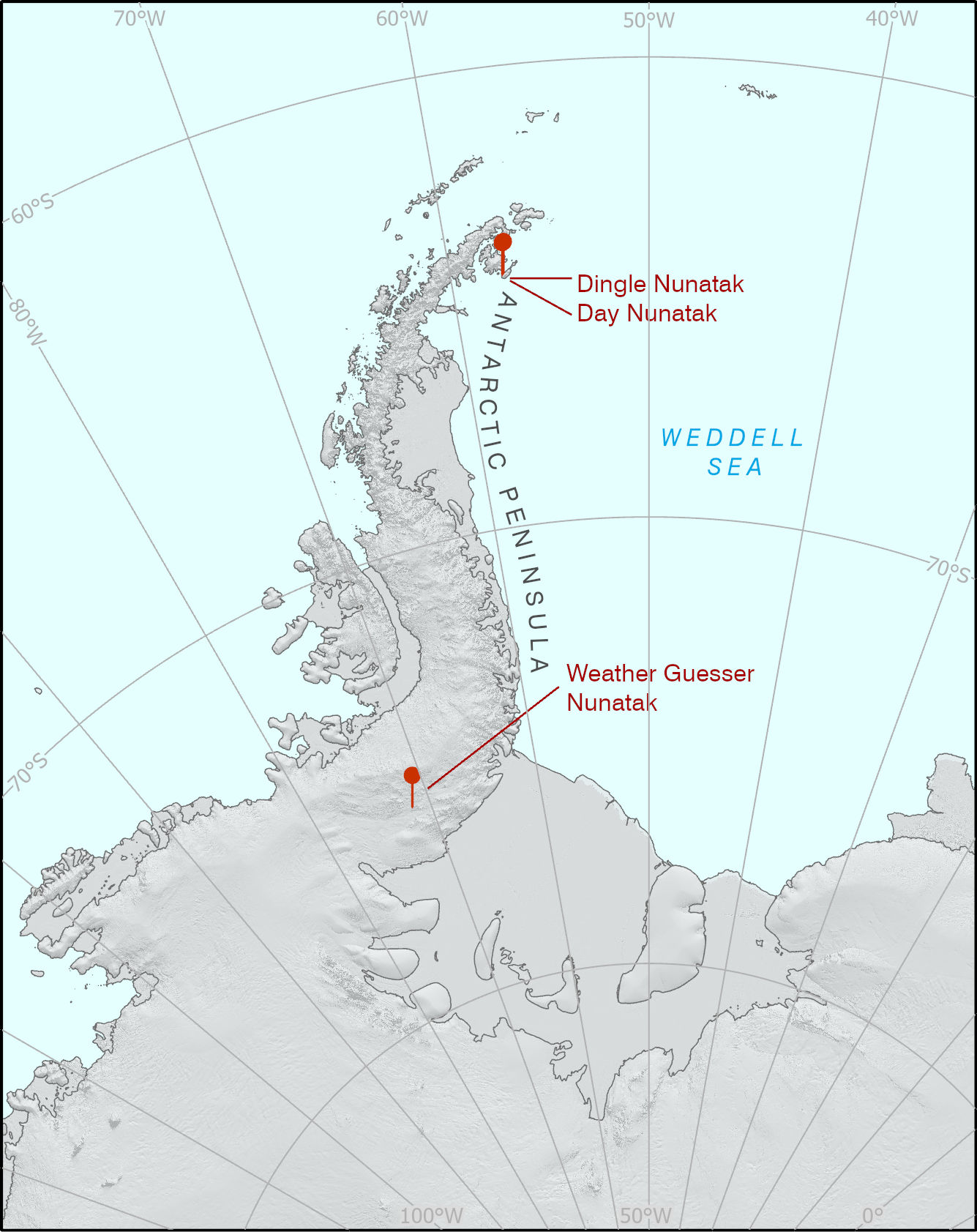 Map showing names associated with  weather in Antarctica