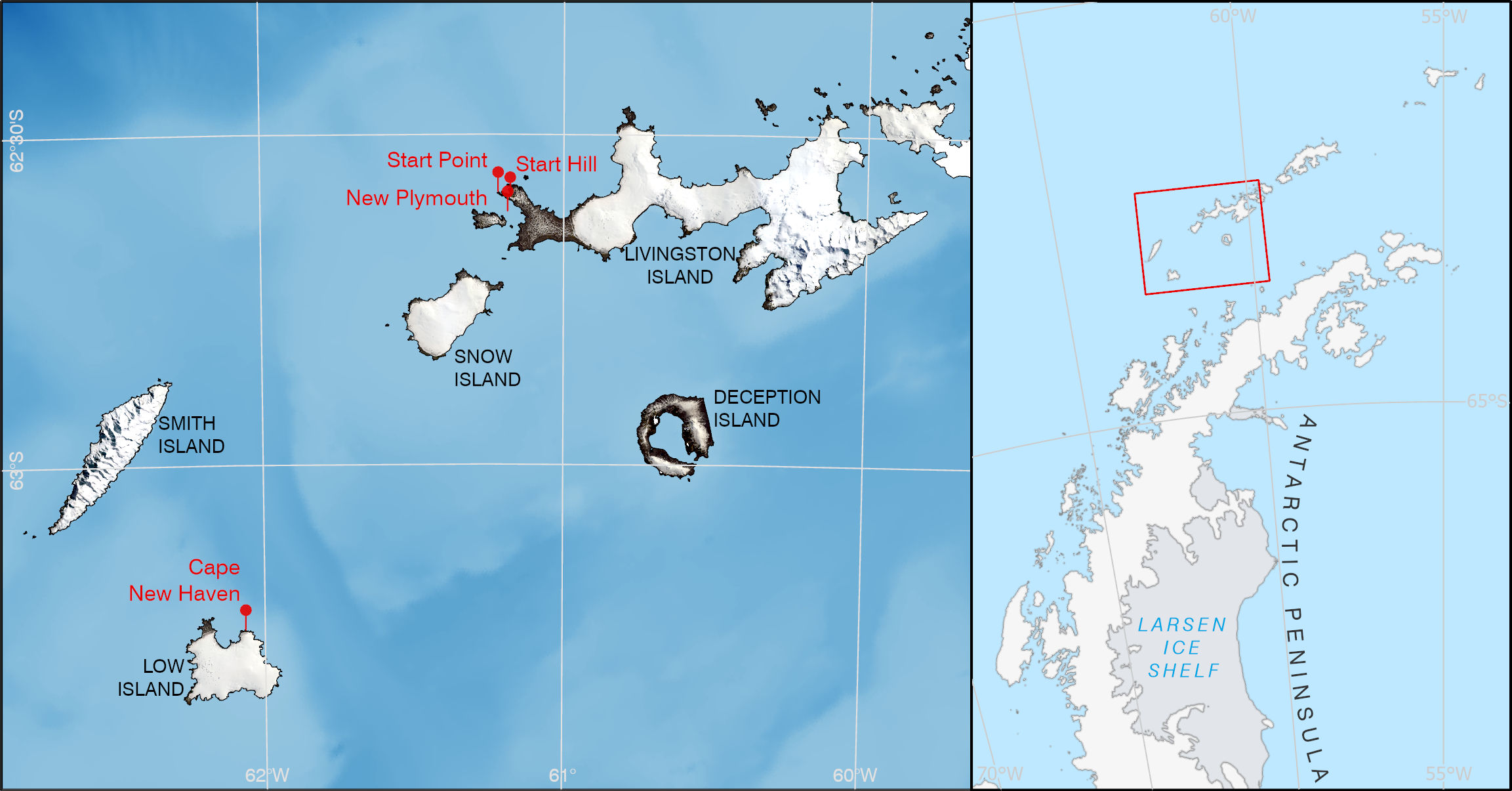 Map showing names associated with  a fresh start in Antarctica