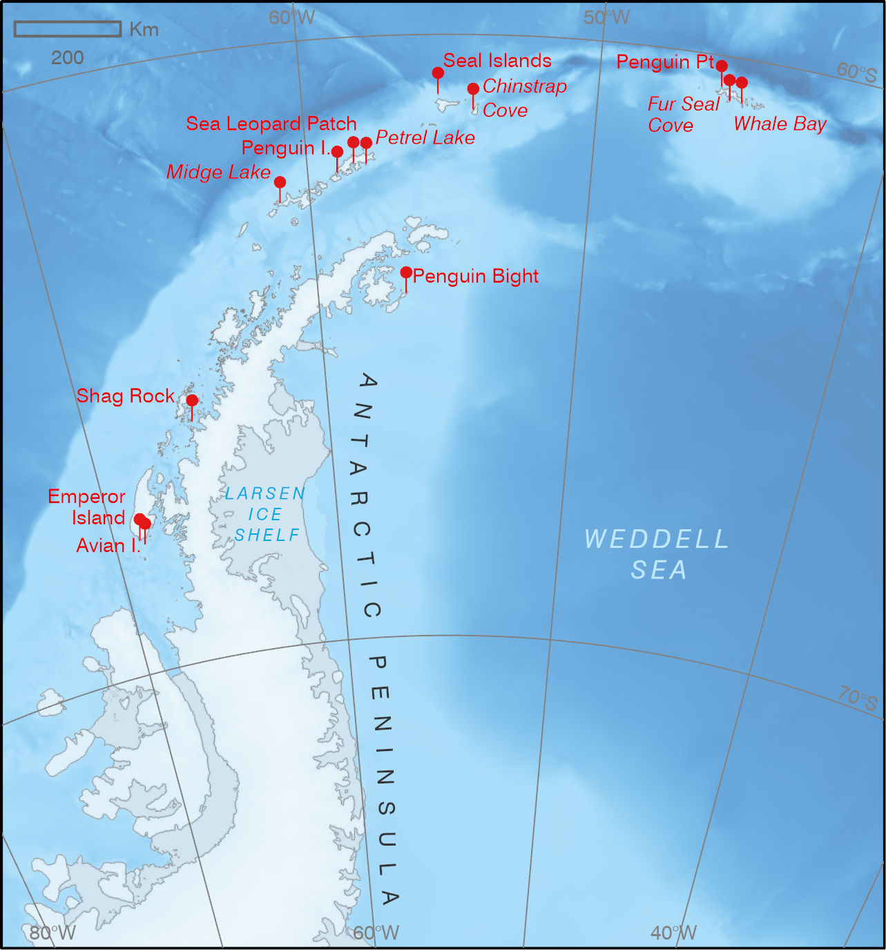 Map showing names associated with Antarctic wildlife