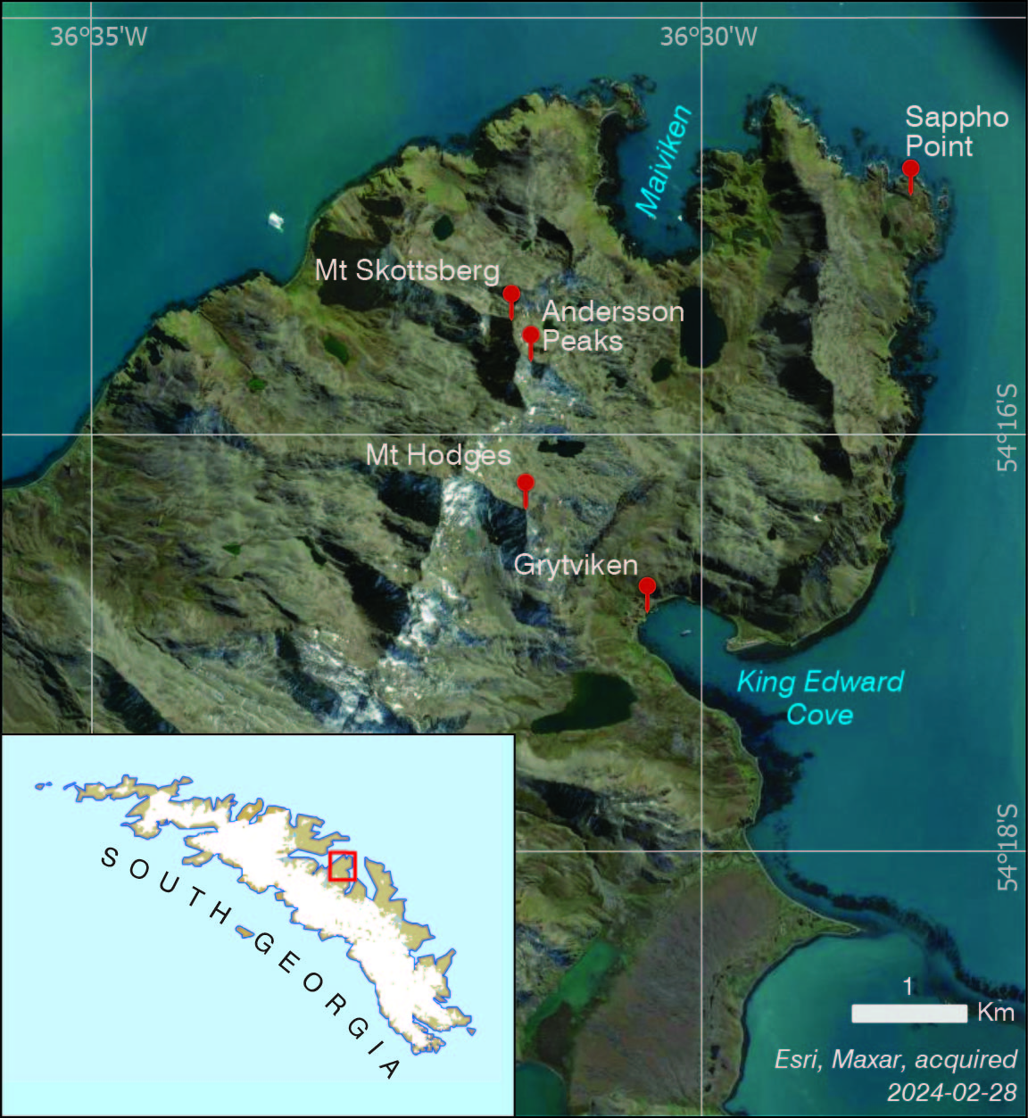 Map showing place names around Thatcher Peninsula, South Georgia