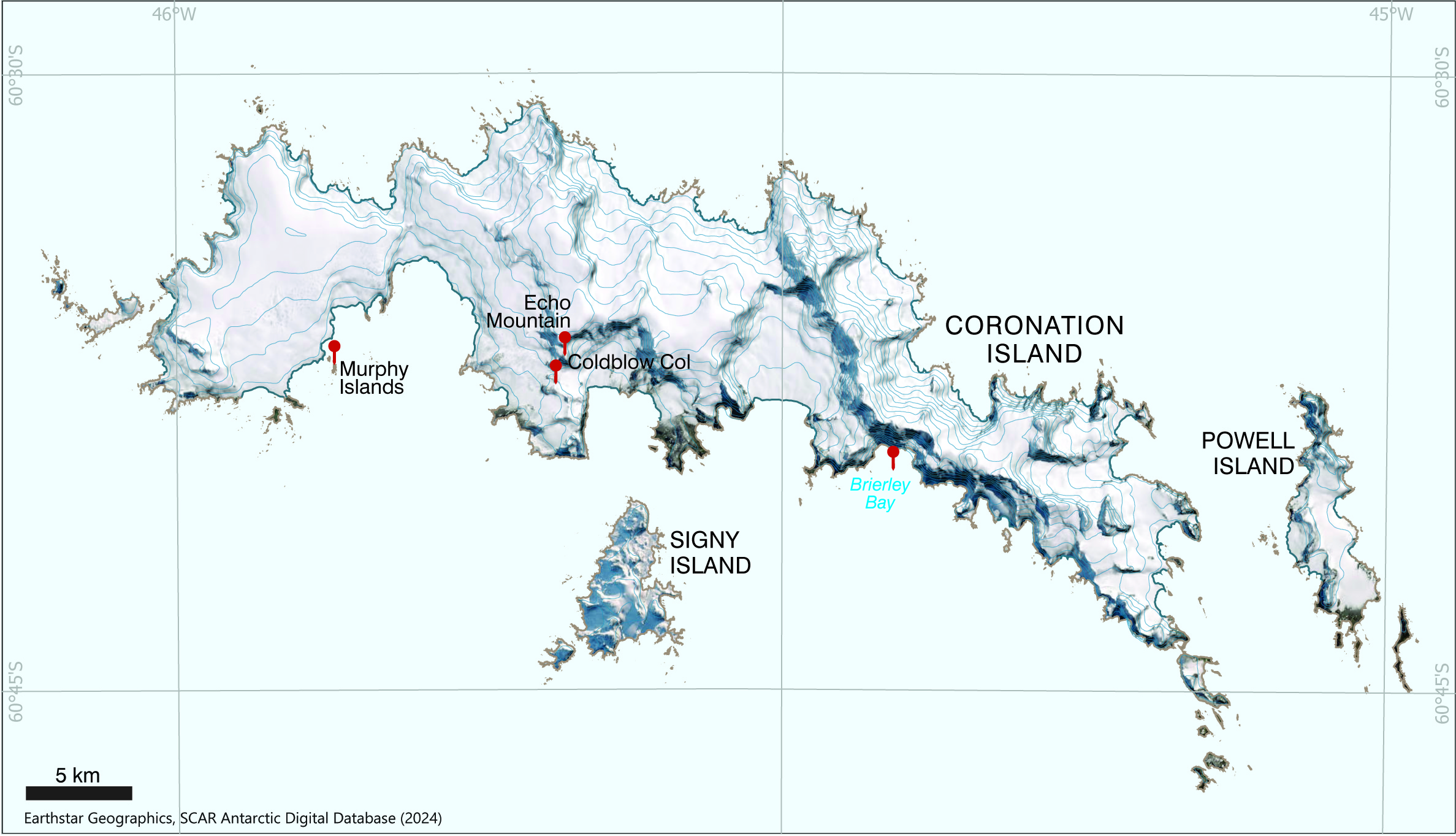 Map showing place names around South Orkney Islands