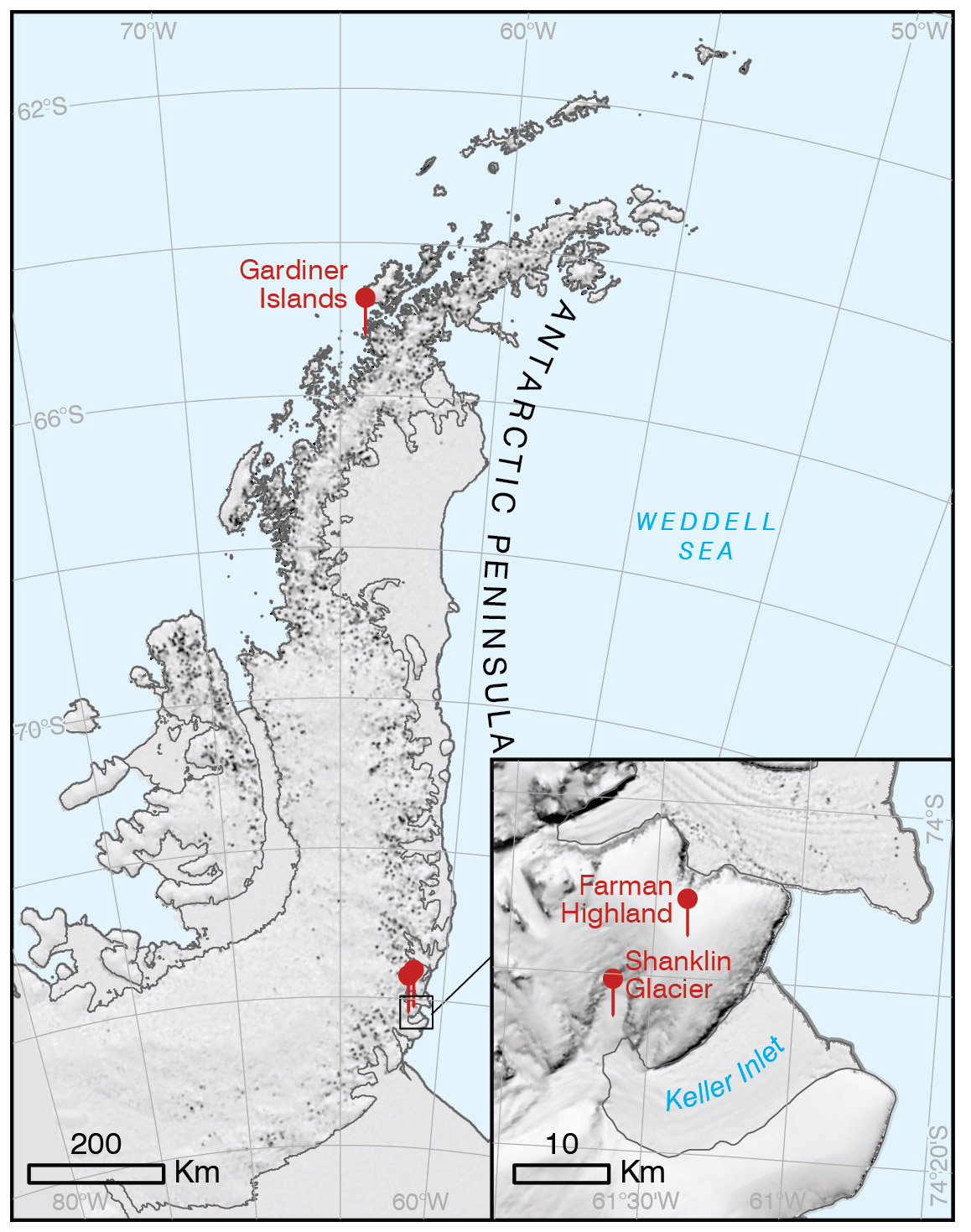 Map showing place names associated with the discovery of the ozone hole